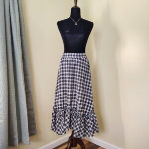 Black, White, & Blue Plaid EMBERLEY Asymmetrical Tiered Hem Maxi Skirt - XS